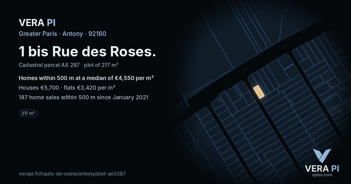 1 bis Rue des Roses, Antony at night – the plot lit, the parcels around coloured by the prices near them