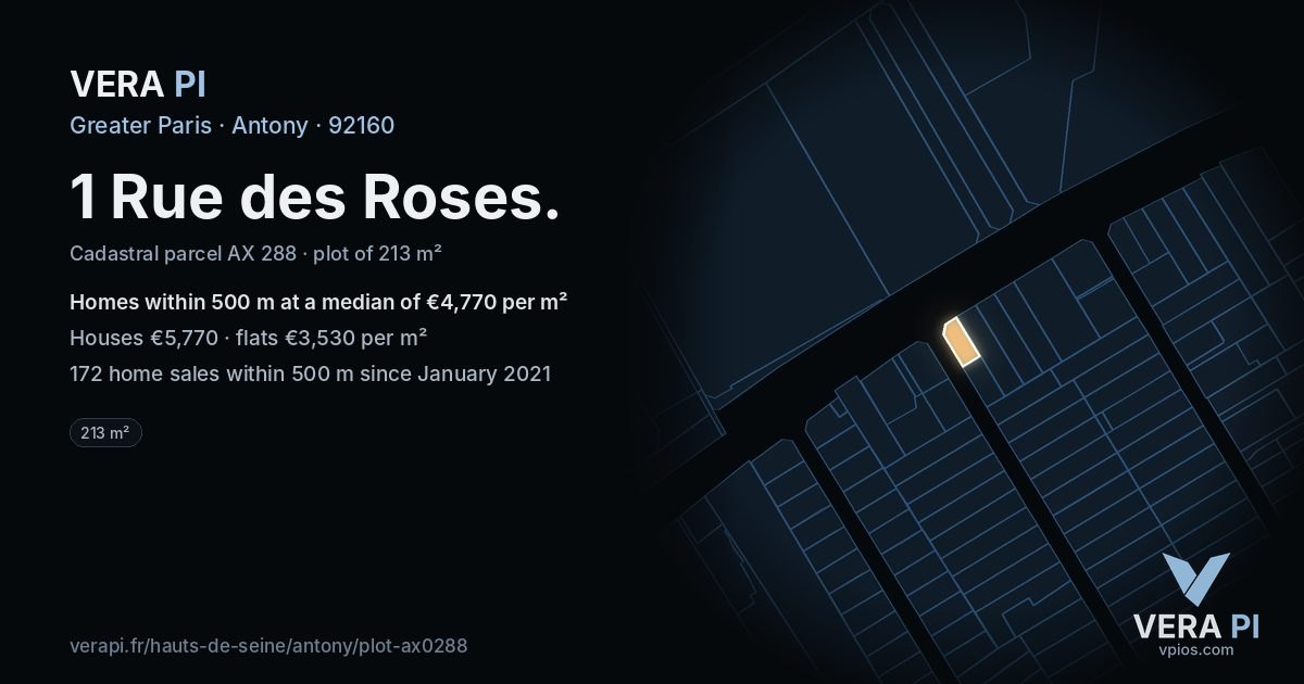 1 Rue des Roses, Antony at night – the plot lit, the parcels around coloured by the prices near them