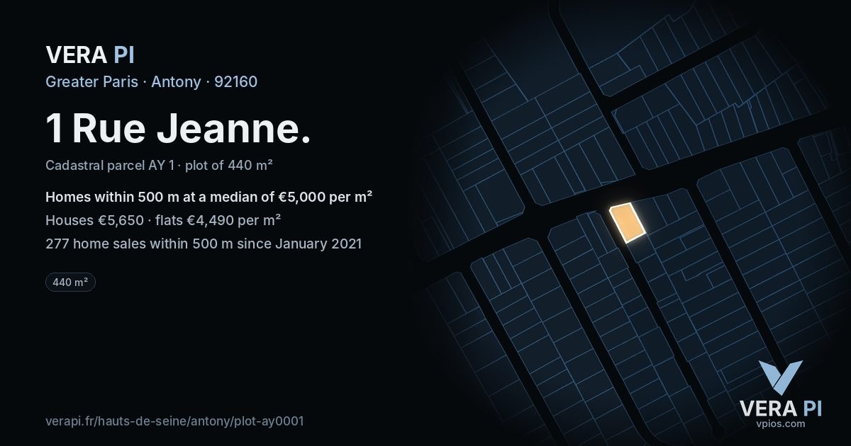 1 Rue Jeanne, Antony at night – the plot lit, the parcels around coloured by the prices near them