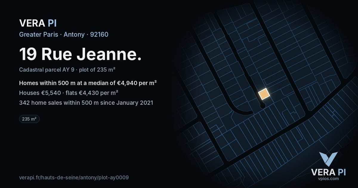 19 Rue Jeanne, Antony at night – the plot lit, the parcels around coloured by the prices near them