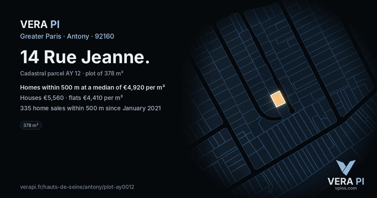 14 Rue Jeanne, Antony at night – the plot lit, the parcels around coloured by the prices near them