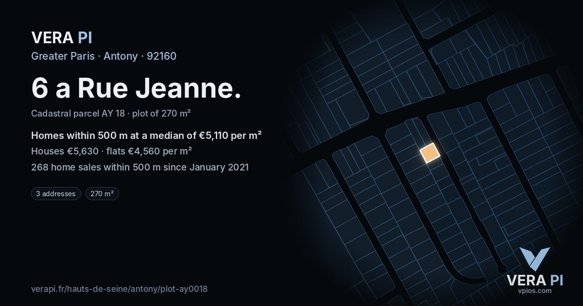 6 a Rue Jeanne, Antony at night – the plot lit, the parcels around coloured by the prices near them