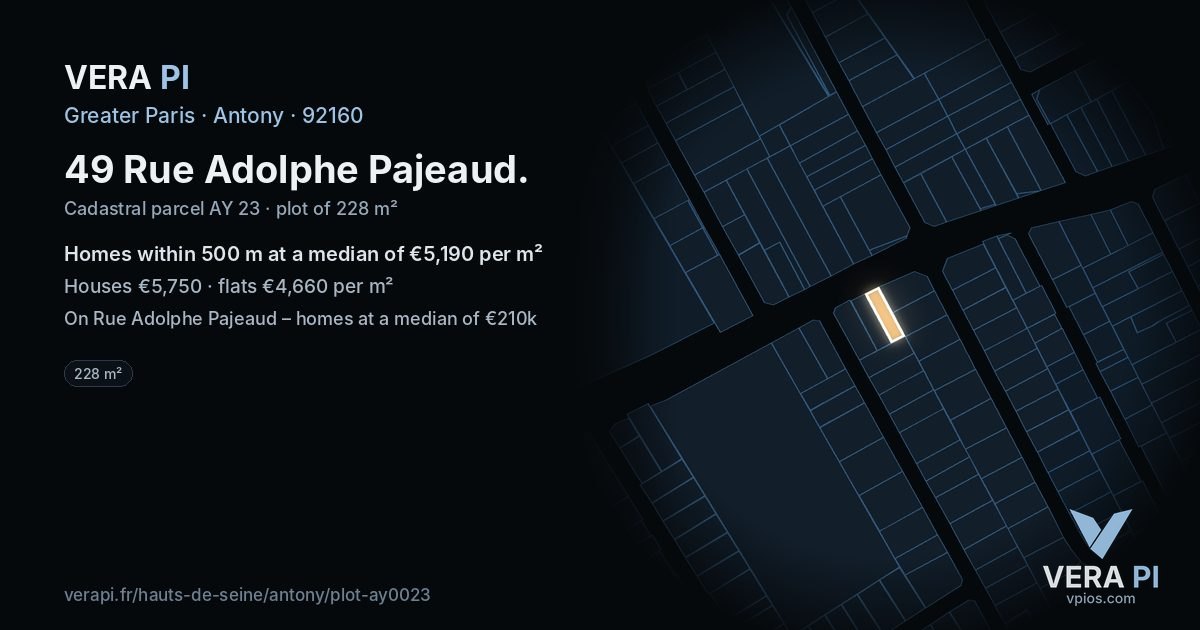 49 Rue Adolphe Pajeaud, Antony at night – the plot lit, the parcels around coloured by the prices near them