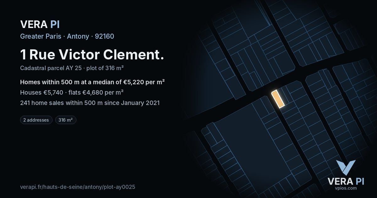 1 Rue Victor Clement, Antony at night – the plot lit, the parcels around coloured by the prices near them