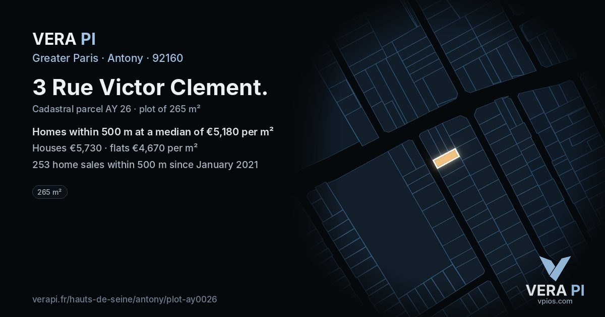 3 Rue Victor Clement, Antony at night – the plot lit, the parcels around coloured by the prices near them