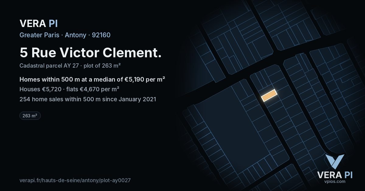 5 Rue Victor Clement, Antony at night – the plot lit, the parcels around coloured by the prices near them