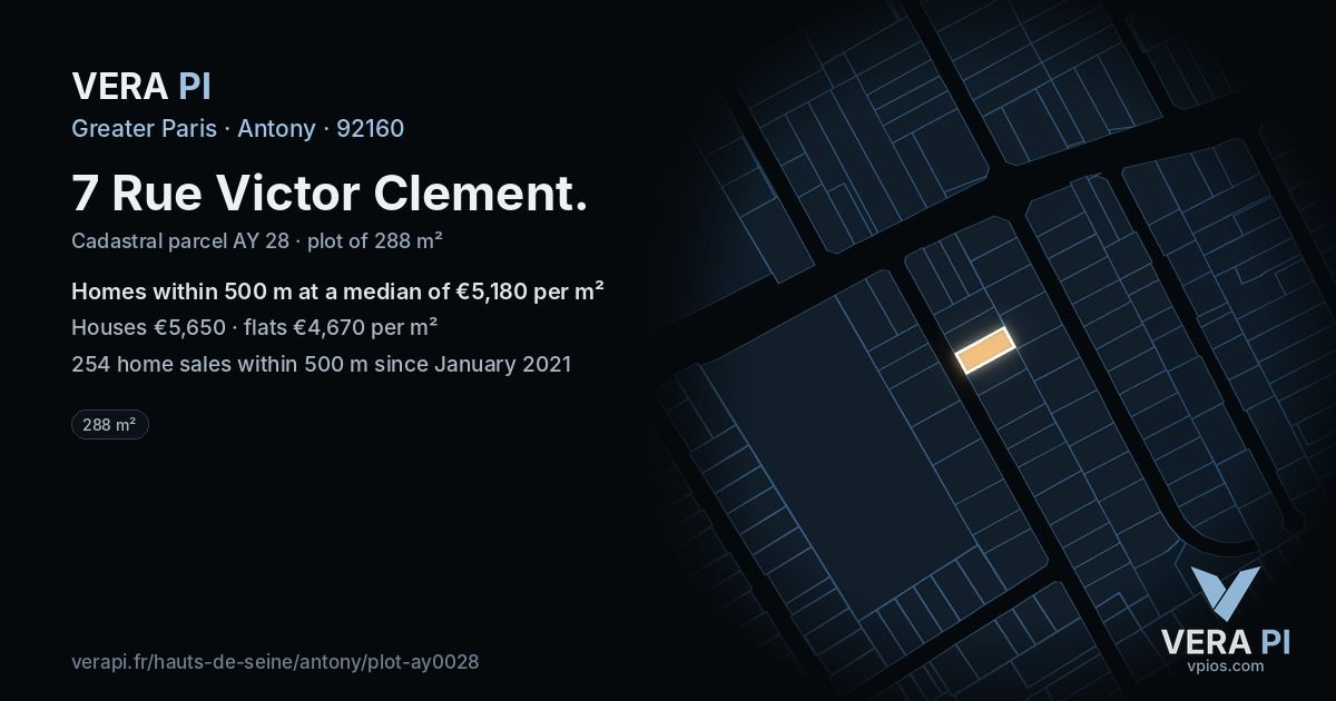 7 Rue Victor Clement, Antony at night – the plot lit, the parcels around coloured by the prices near them
