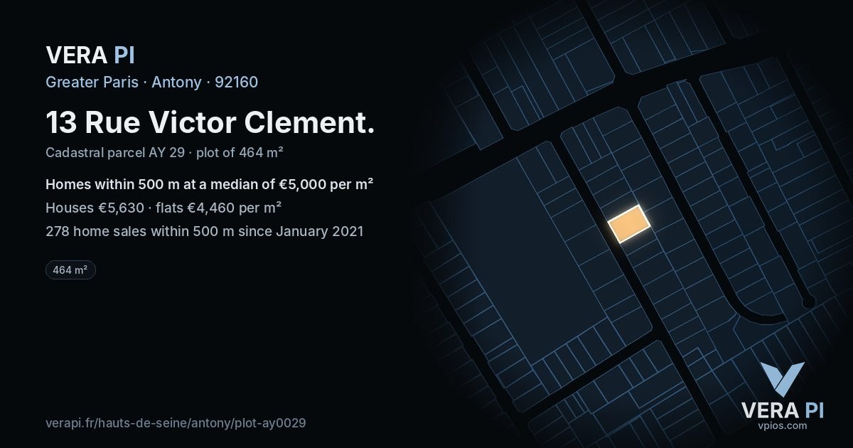 13 Rue Victor Clement, Antony at night – the plot lit, the parcels around coloured by the prices near them