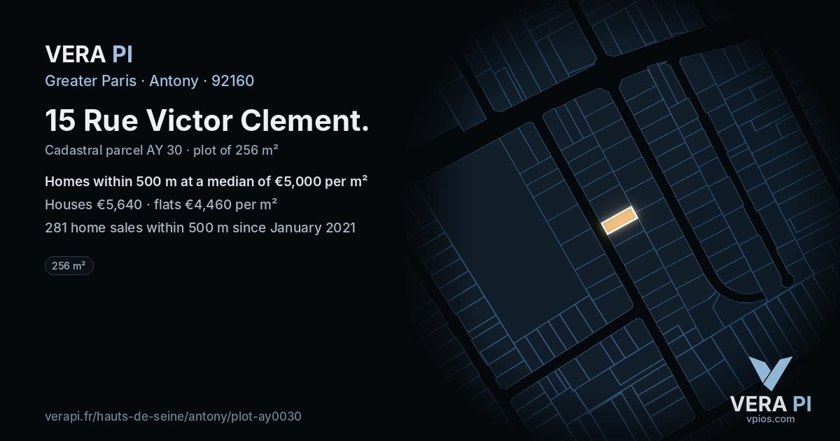 15 Rue Victor Clement, Antony at night – the plot lit, the parcels around coloured by the prices near them