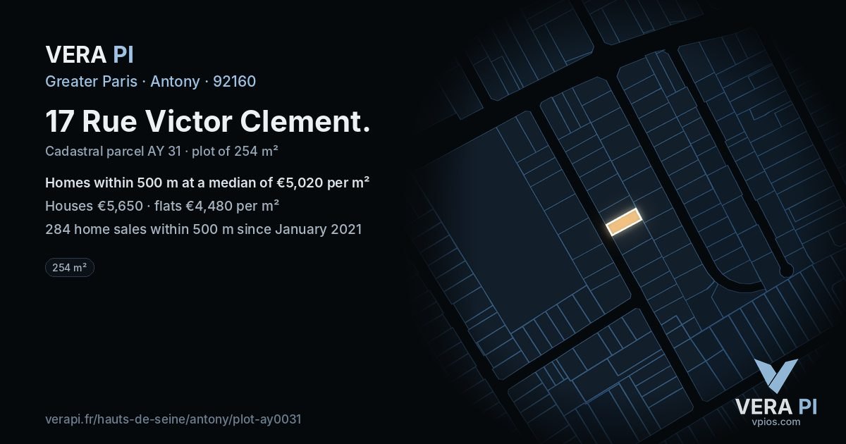 17 Rue Victor Clement, Antony at night – the plot lit, the parcels around coloured by the prices near them