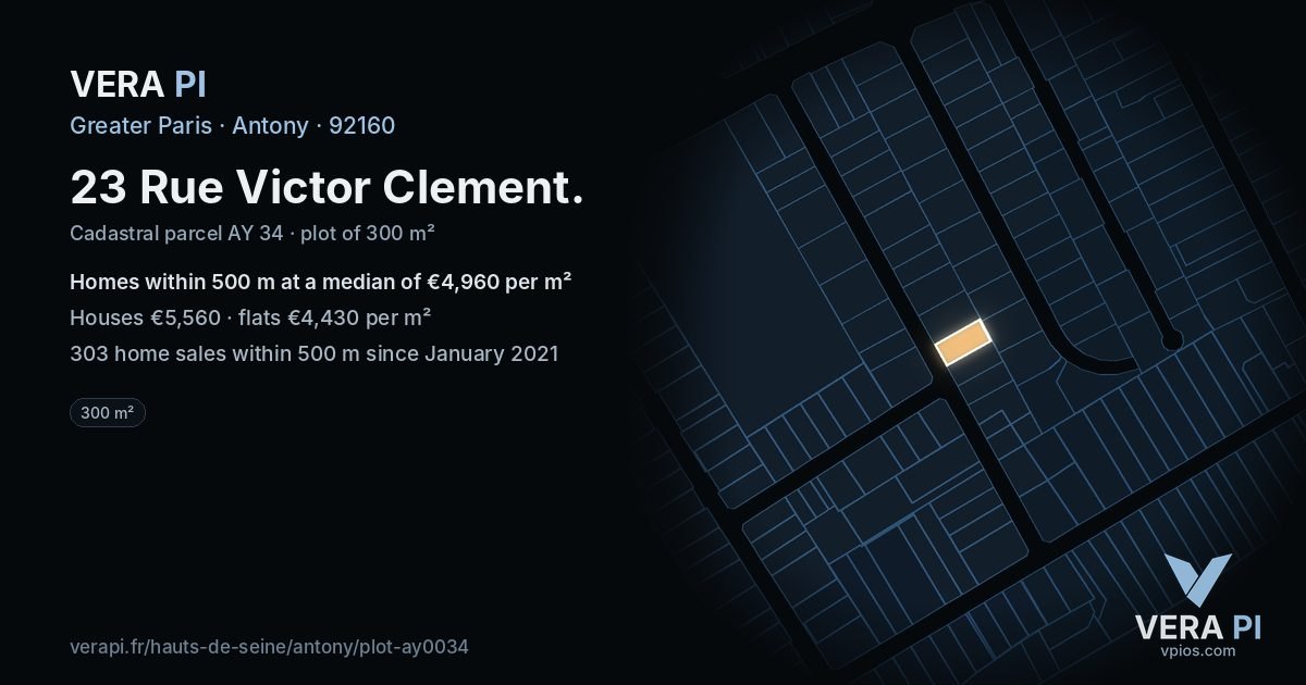 23 Rue Victor Clement, Antony at night – the plot lit, the parcels around coloured by the prices near them