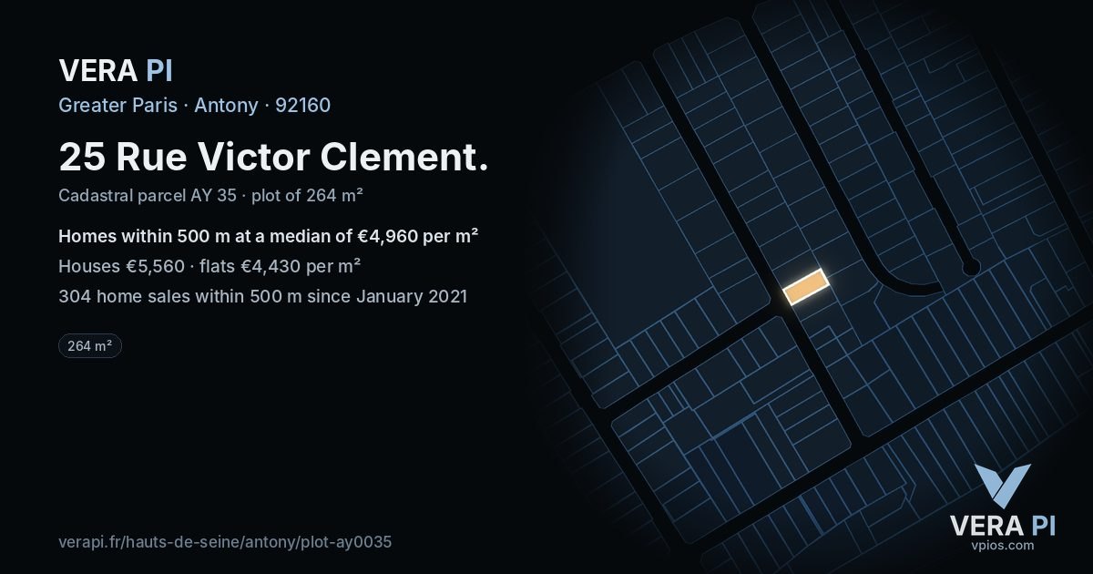 25 Rue Victor Clement, Antony at night – the plot lit, the parcels around coloured by the prices near them