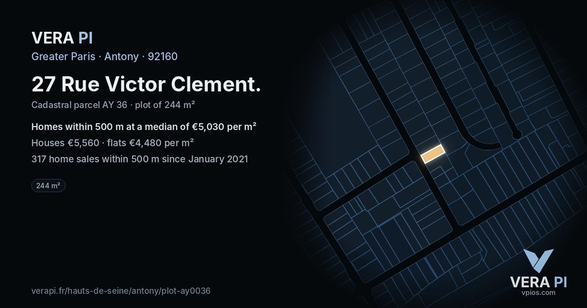 27 Rue Victor Clement, Antony at night – the plot lit, the parcels around coloured by the prices near them