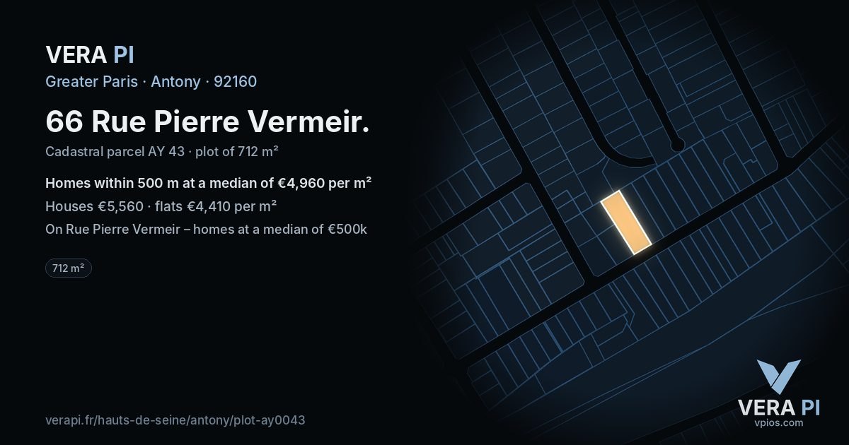 66 Rue Pierre Vermeir, Antony at night – the plot lit, the parcels around coloured by the prices near them