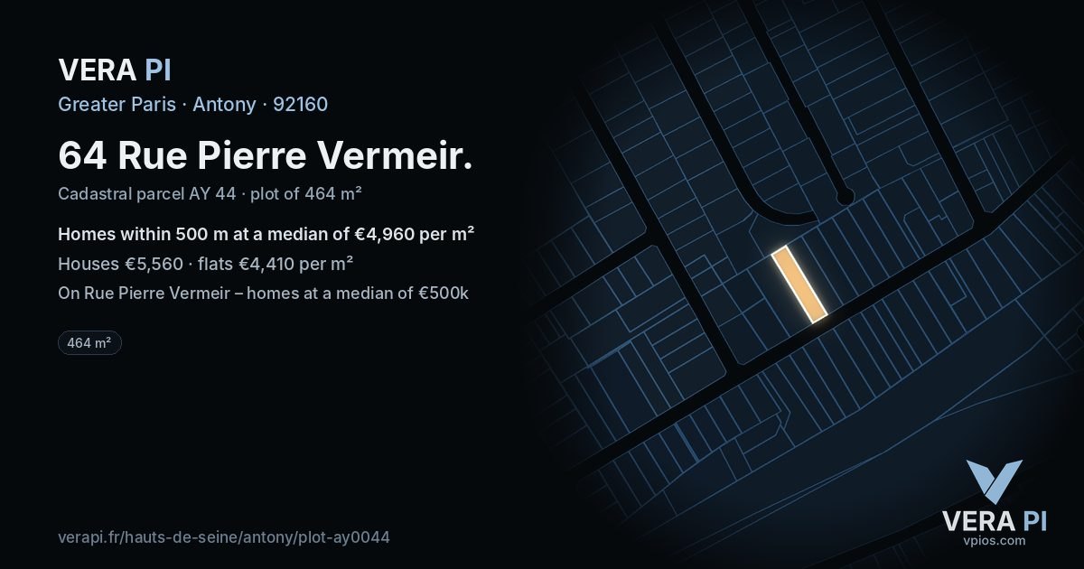 64 Rue Pierre Vermeir, Antony at night – the plot lit, the parcels around coloured by the prices near them
