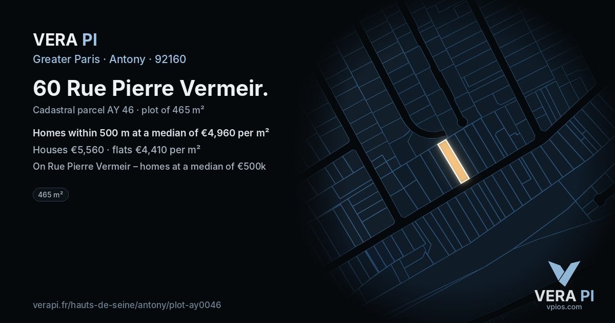 60 Rue Pierre Vermeir, Antony at night – the plot lit, the parcels around coloured by the prices near them