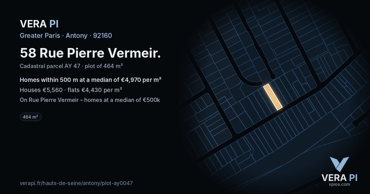 58 Rue Pierre Vermeir, Antony at night – the plot lit, the parcels around coloured by the prices near them