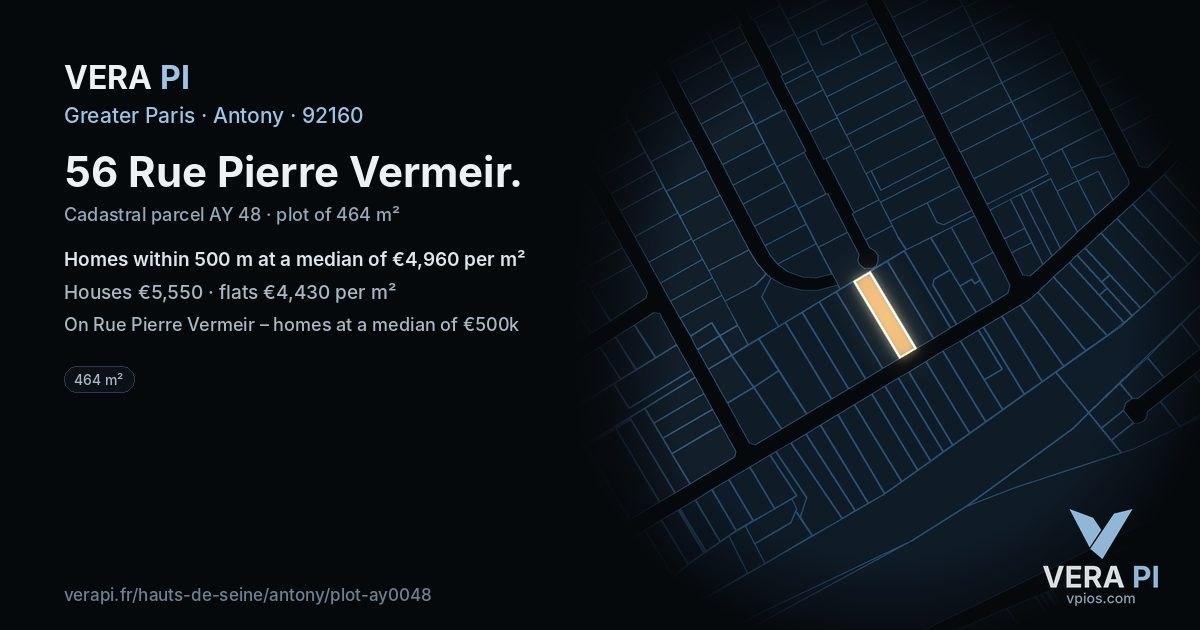 56 Rue Pierre Vermeir, Antony at night – the plot lit, the parcels around coloured by the prices near them