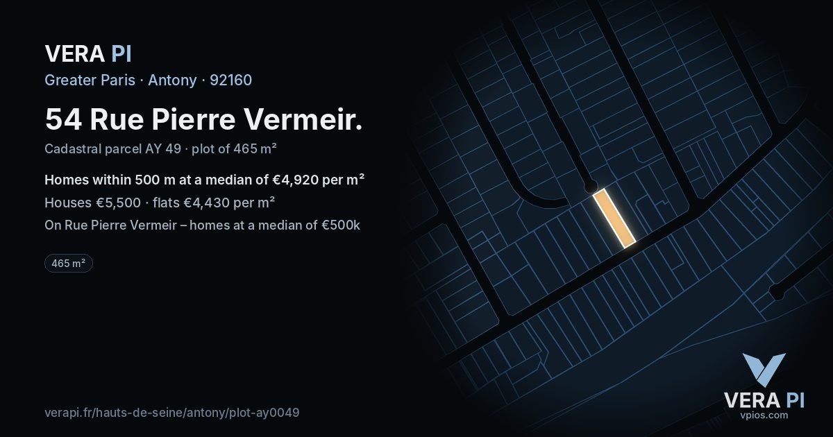54 Rue Pierre Vermeir, Antony at night – the plot lit, the parcels around coloured by the prices near them