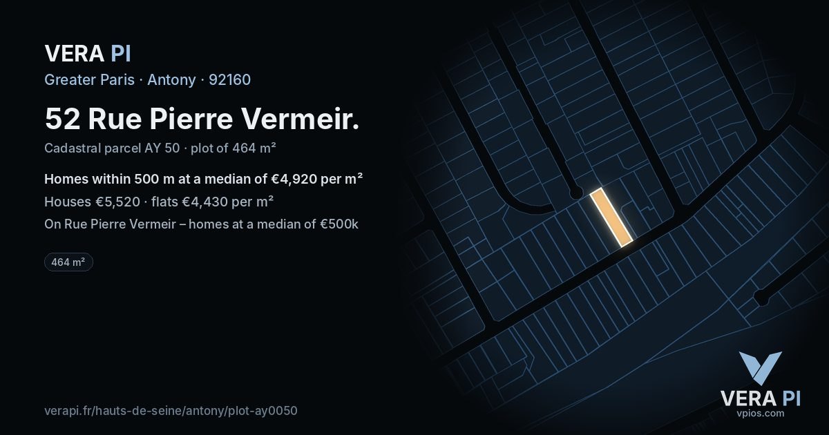 52 Rue Pierre Vermeir, Antony at night – the plot lit, the parcels around coloured by the prices near them