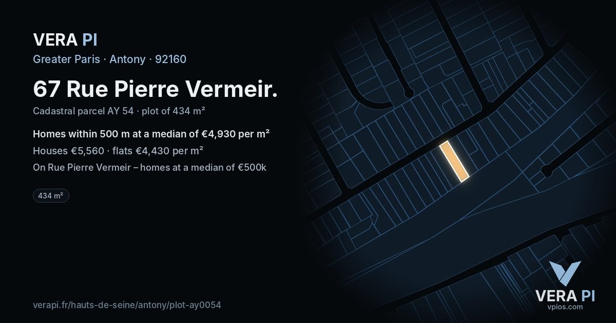 67 Rue Pierre Vermeir, Antony at night – the plot lit, the parcels around coloured by the prices near them