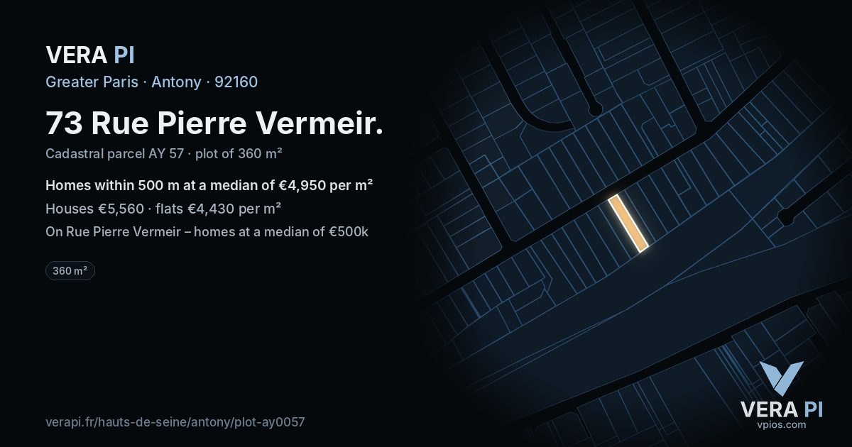 73 Rue Pierre Vermeir, Antony at night – the plot lit, the parcels around coloured by the prices near them