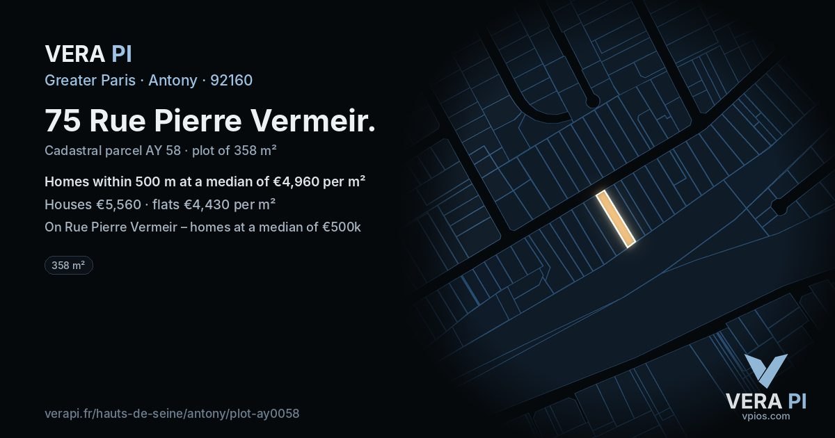 75 Rue Pierre Vermeir, Antony at night – the plot lit, the parcels around coloured by the prices near them