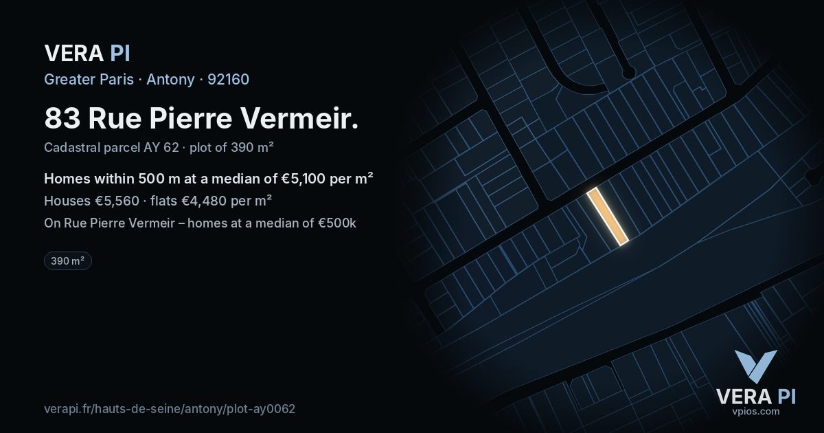 83 Rue Pierre Vermeir, Antony at night – the plot lit, the parcels around coloured by the prices near them