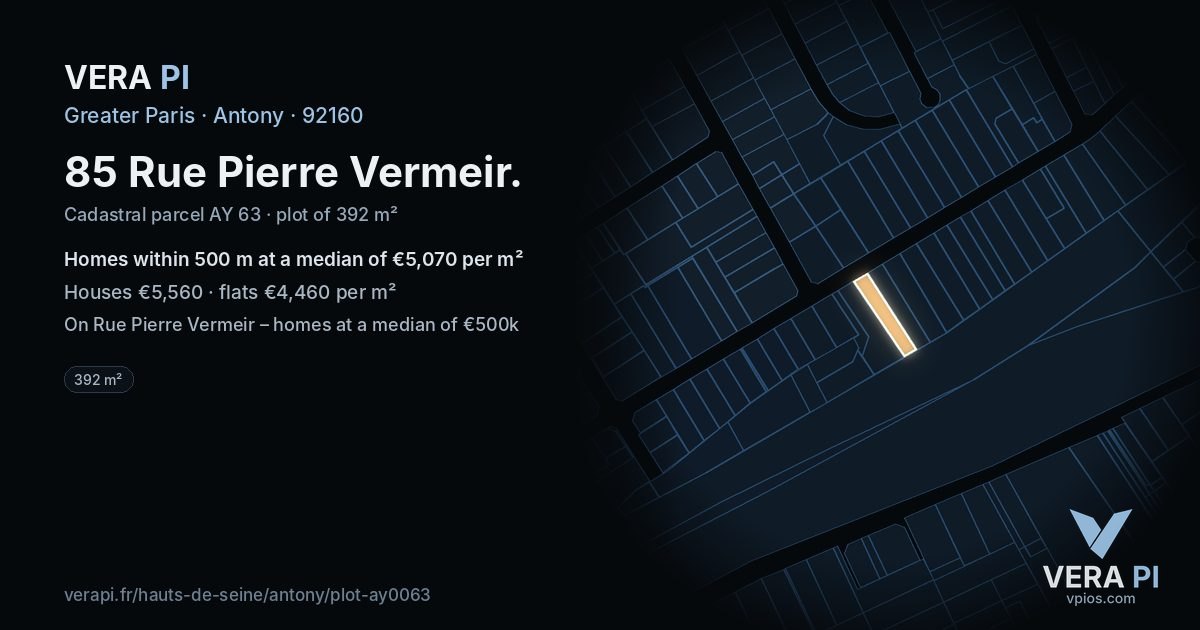 85 Rue Pierre Vermeir, Antony at night – the plot lit, the parcels around coloured by the prices near them