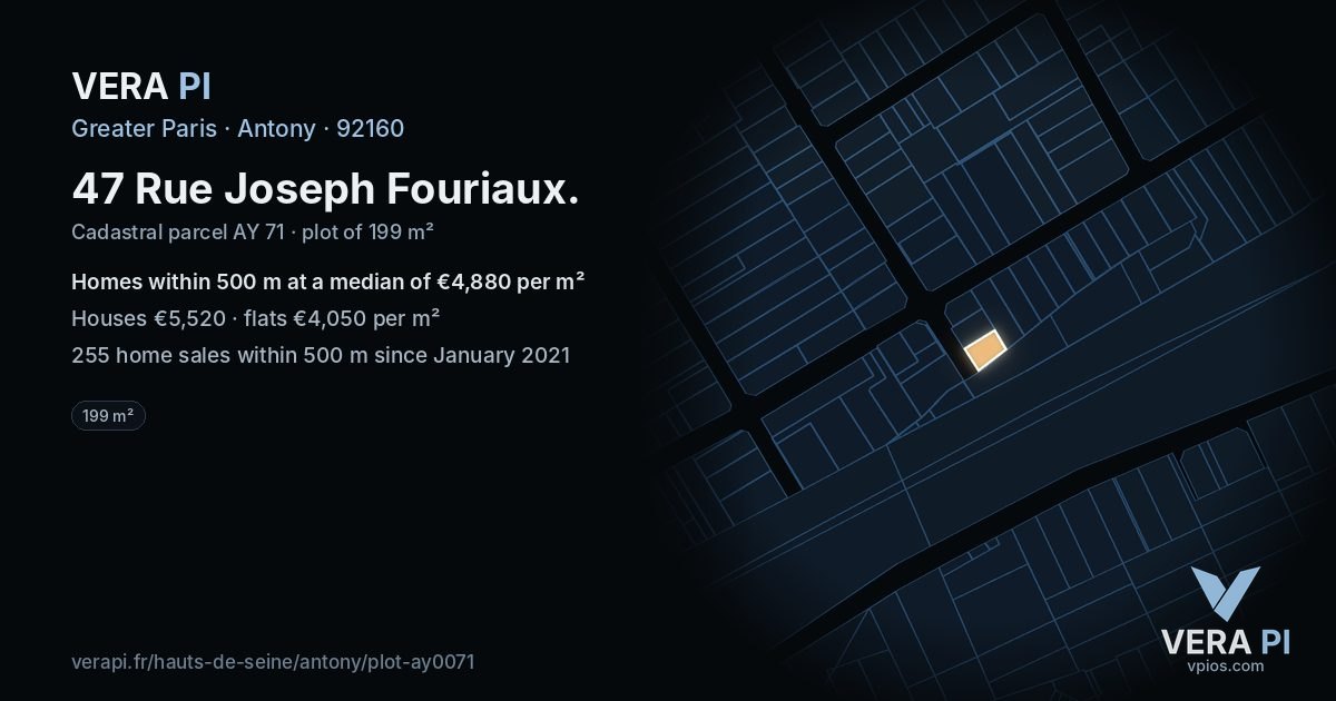 47 Rue Joseph Fouriaux, Antony at night – the plot lit, the parcels around coloured by the prices near them