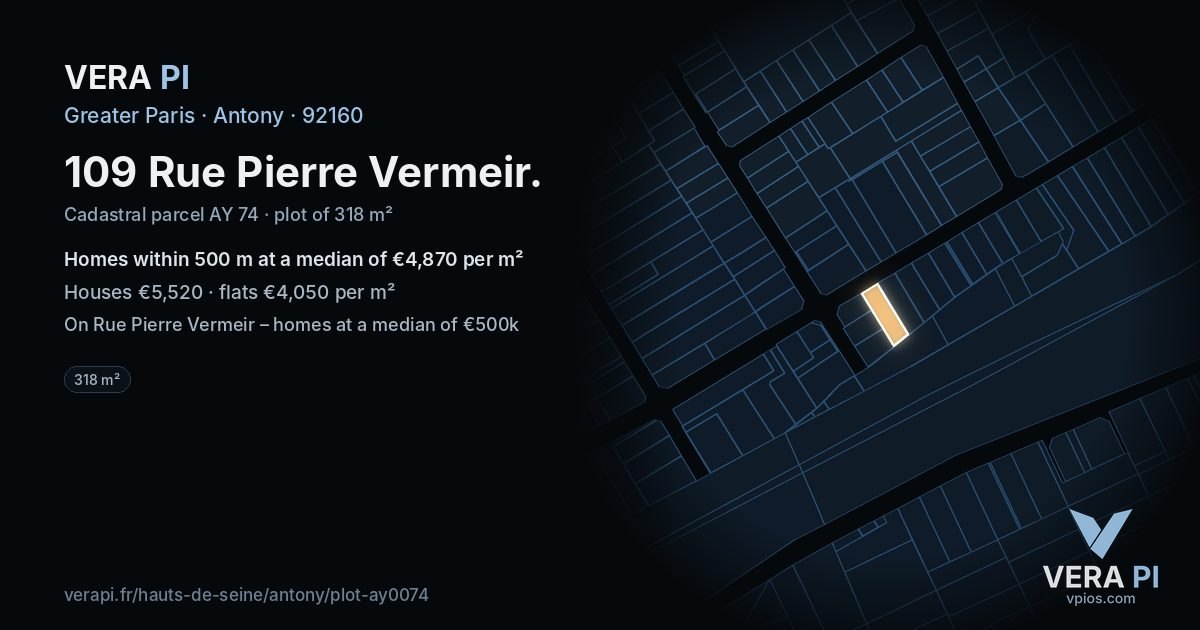 109 Rue Pierre Vermeir, Antony at night – the plot lit, the parcels around coloured by the prices near them