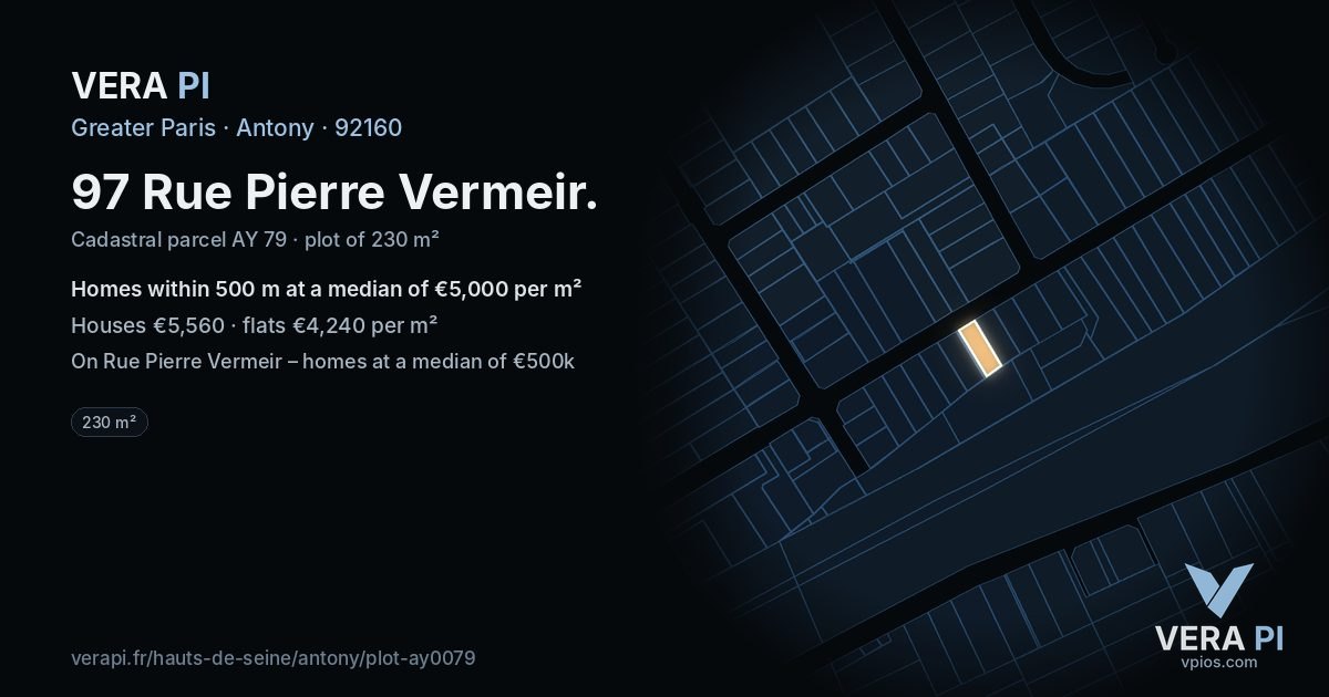 97 Rue Pierre Vermeir, Antony at night – the plot lit, the parcels around coloured by the prices near them
