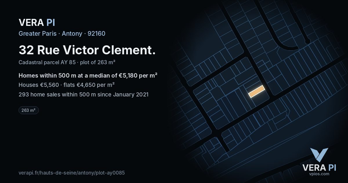 32 Rue Victor Clement, Antony at night – the plot lit, the parcels around coloured by the prices near them