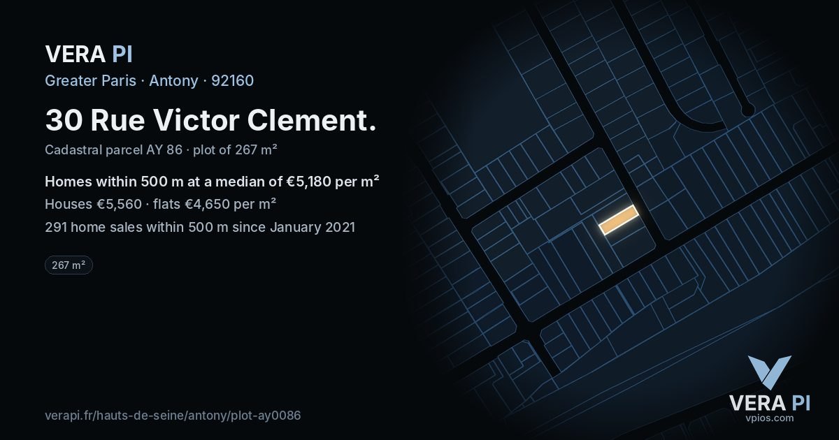 30 Rue Victor Clement, Antony at night – the plot lit, the parcels around coloured by the prices near them