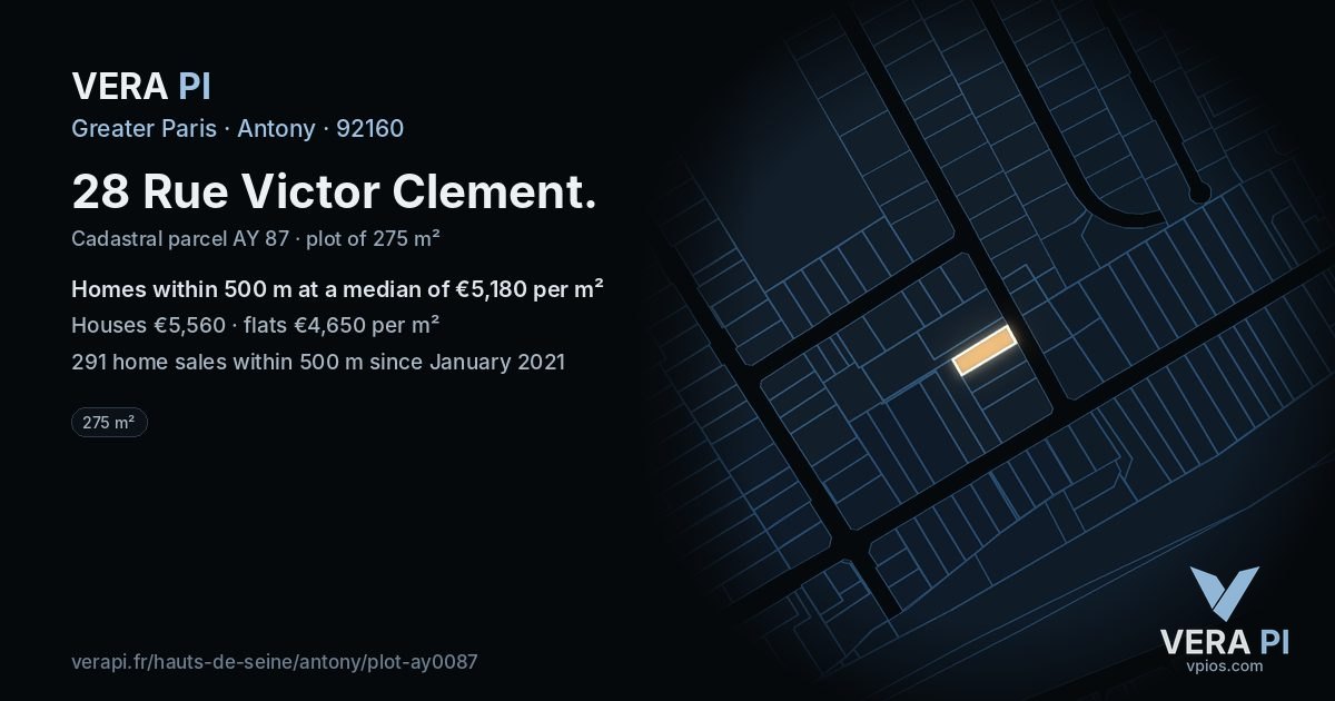 28 Rue Victor Clement, Antony at night – the plot lit, the parcels around coloured by the prices near them