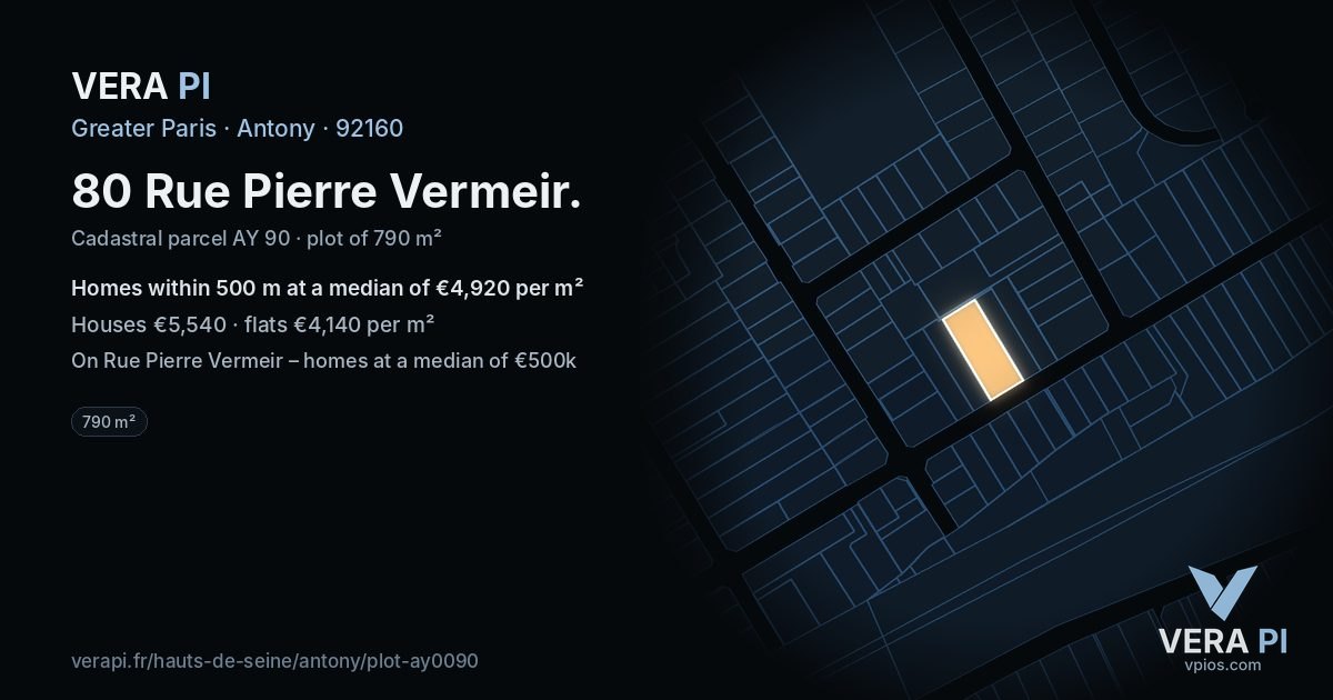 80 Rue Pierre Vermeir, Antony at night – the plot lit, the parcels around coloured by the prices near them