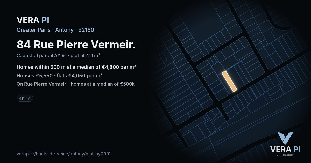 84 Rue Pierre Vermeir, Antony at night – the plot lit, the parcels around coloured by the prices near them