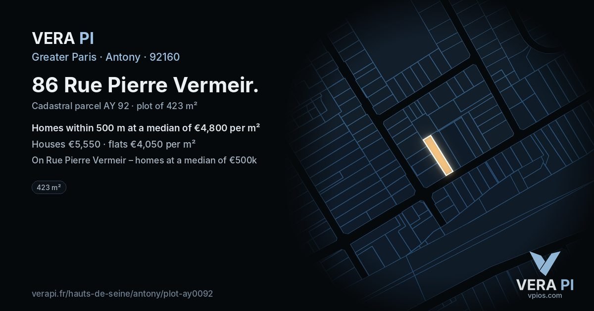 86 Rue Pierre Vermeir, Antony at night – the plot lit, the parcels around coloured by the prices near them