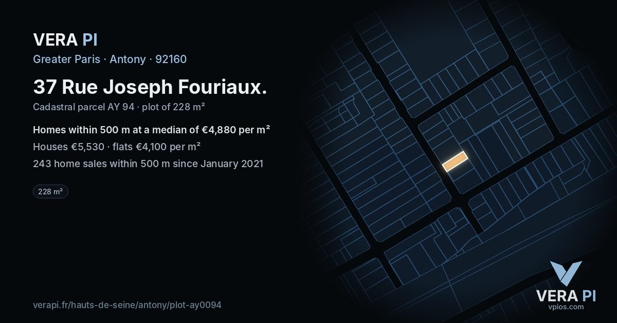 37 Rue Joseph Fouriaux, Antony at night – the plot lit, the parcels around coloured by the prices near them