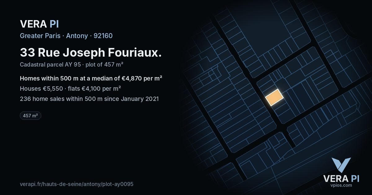 33 Rue Joseph Fouriaux, Antony at night – the plot lit, the parcels around coloured by the prices near them