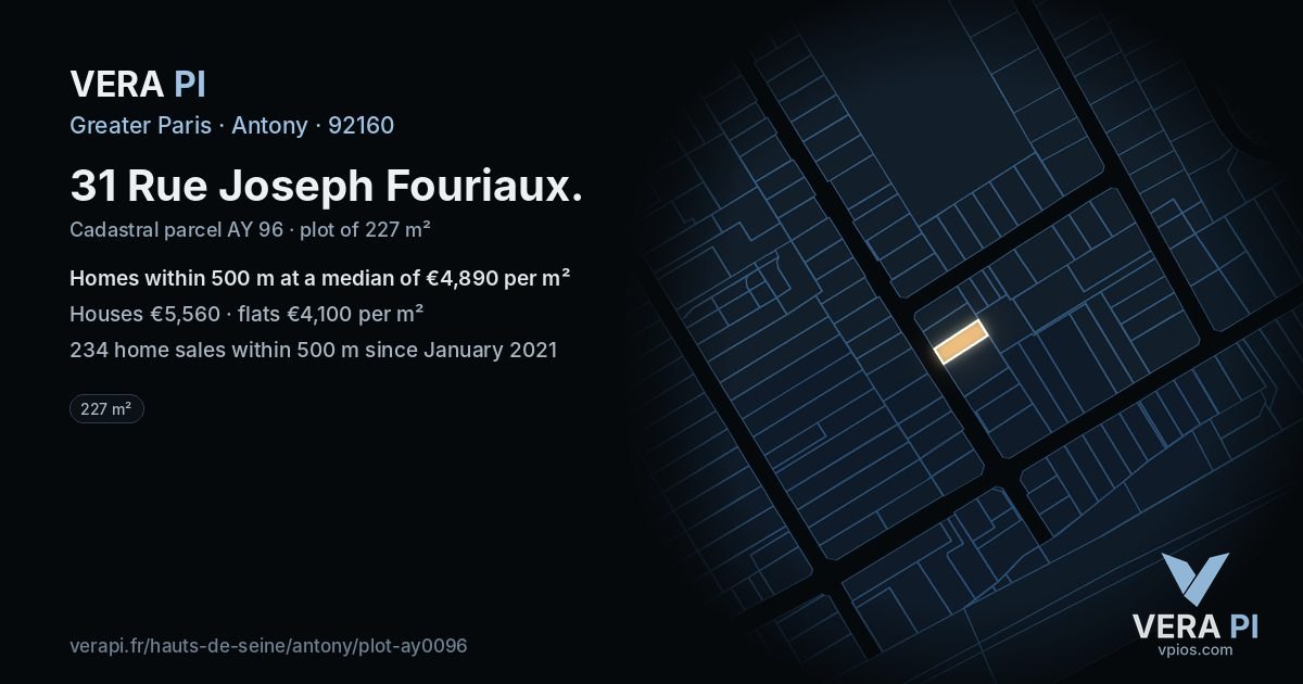 31 Rue Joseph Fouriaux, Antony at night – the plot lit, the parcels around coloured by the prices near them