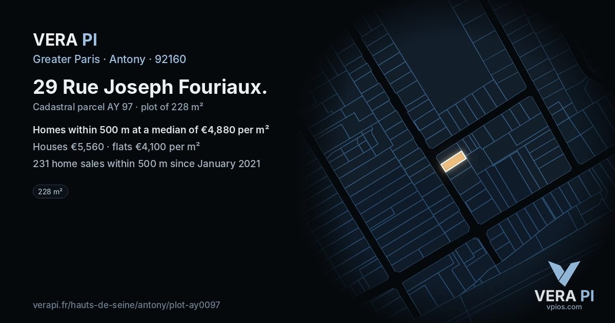 29 Rue Joseph Fouriaux, Antony at night – the plot lit, the parcels around coloured by the prices near them