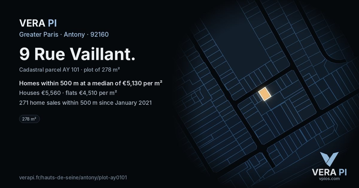 9 Rue Vaillant, Antony at night – the plot lit, the parcels around coloured by the prices near them