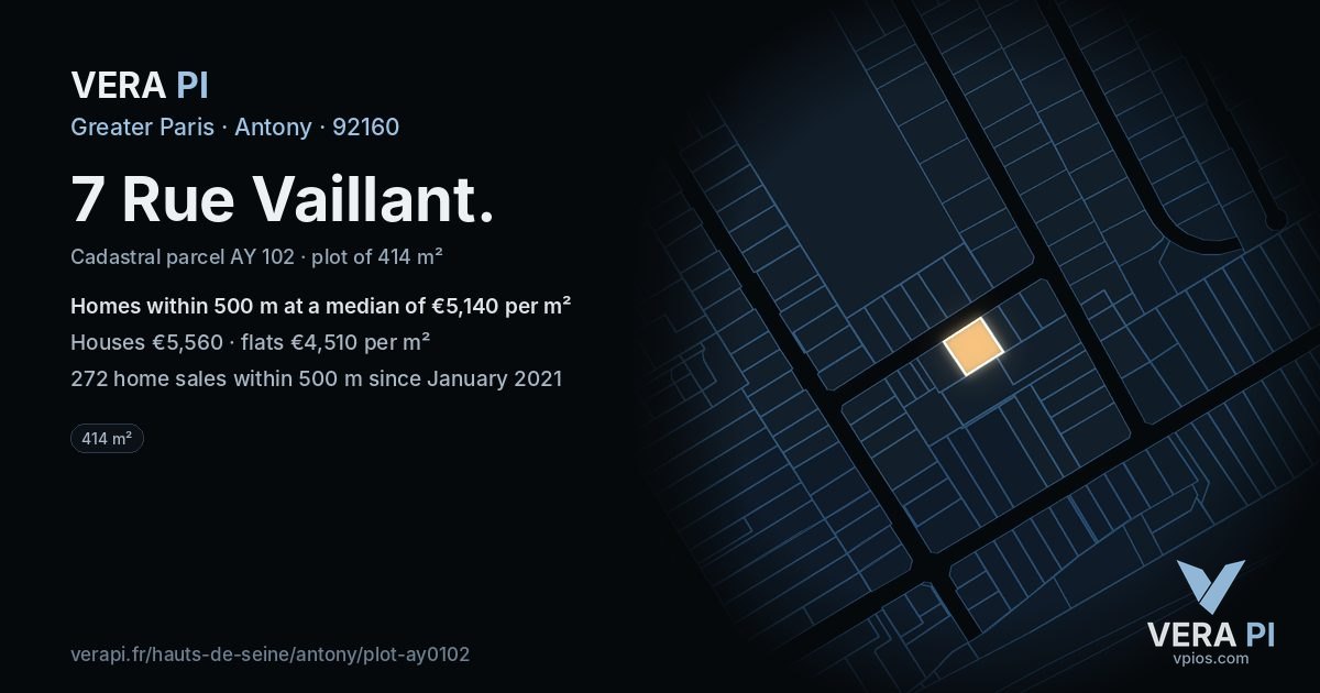 7 Rue Vaillant, Antony at night – the plot lit, the parcels around coloured by the prices near them