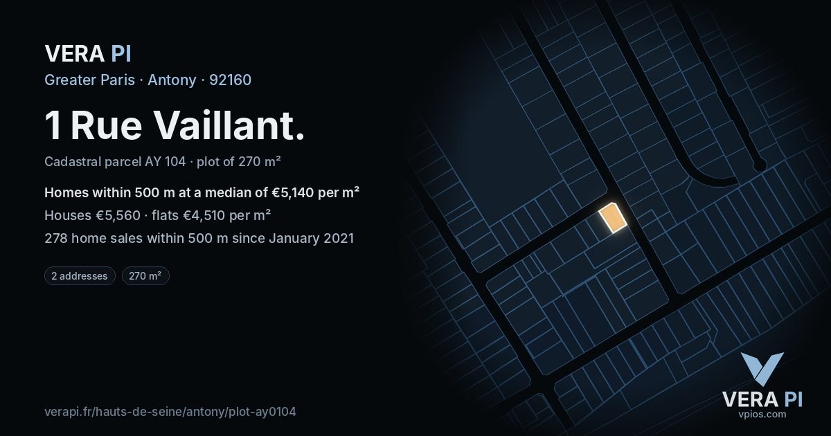 1 Rue Vaillant, Antony at night – the plot lit, the parcels around coloured by the prices near them