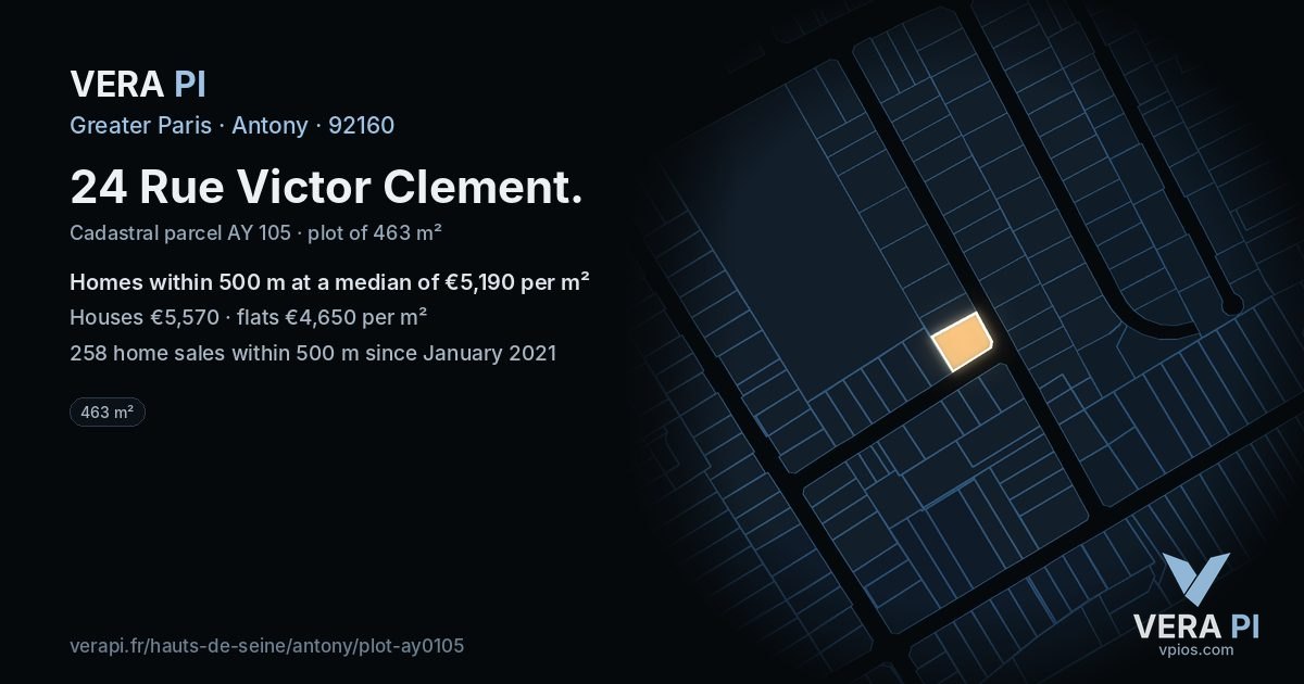 24 Rue Victor Clement, Antony at night – the plot lit, the parcels around coloured by the prices near them