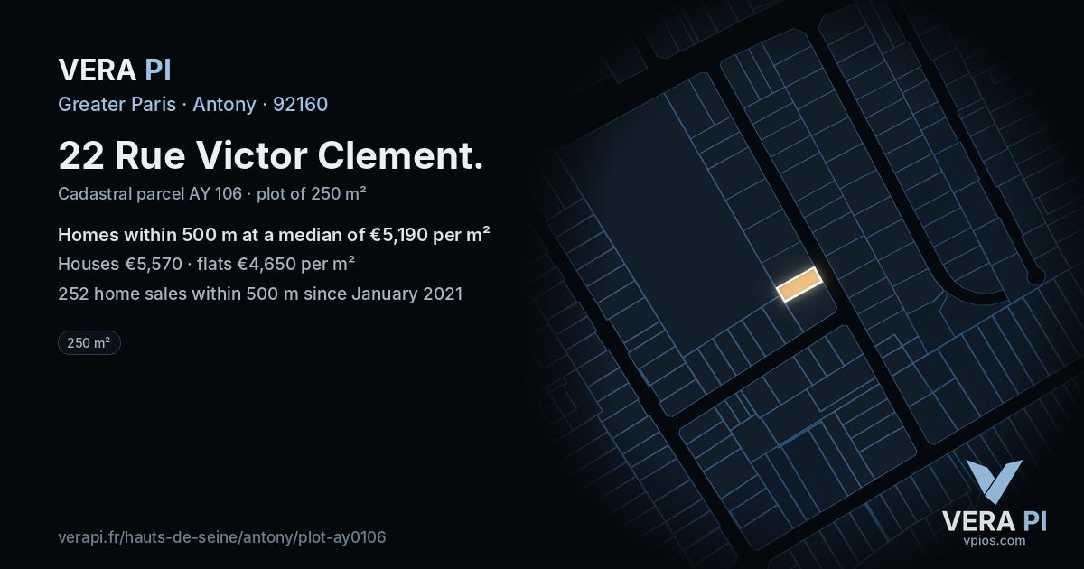22 Rue Victor Clement, Antony at night – the plot lit, the parcels around coloured by the prices near them