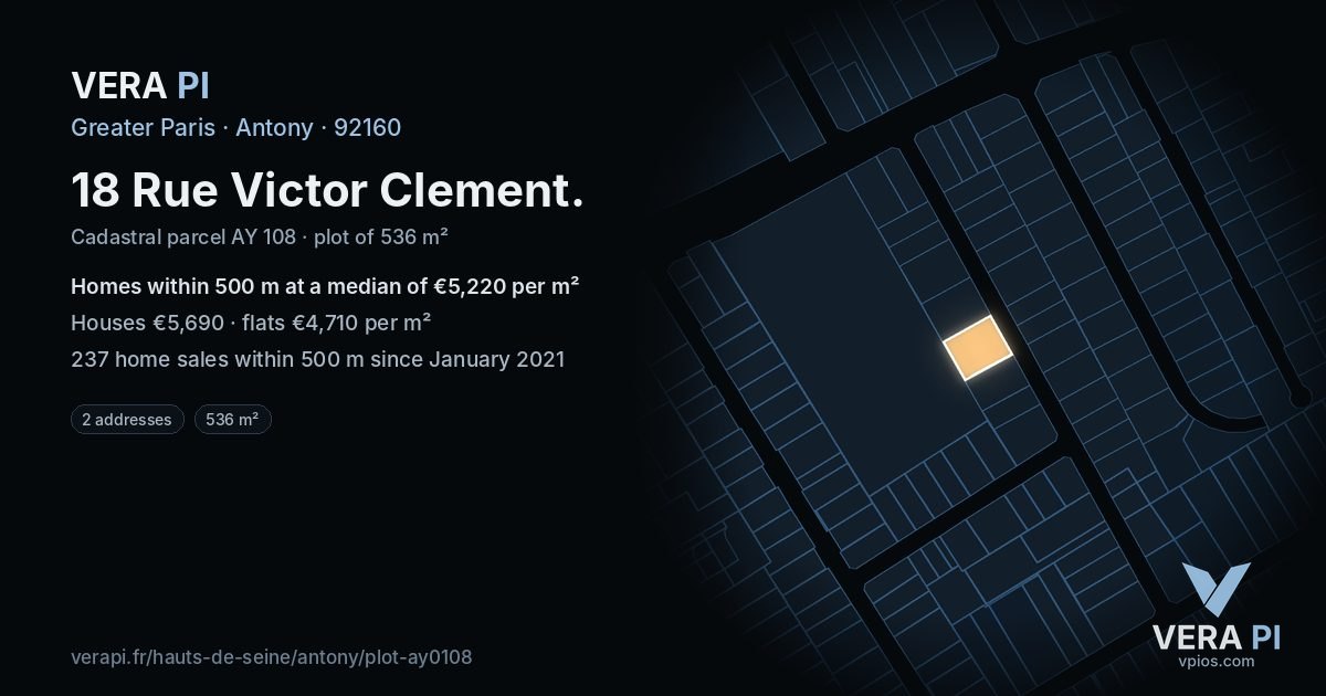 18 Rue Victor Clement, Antony at night – the plot lit, the parcels around coloured by the prices near them