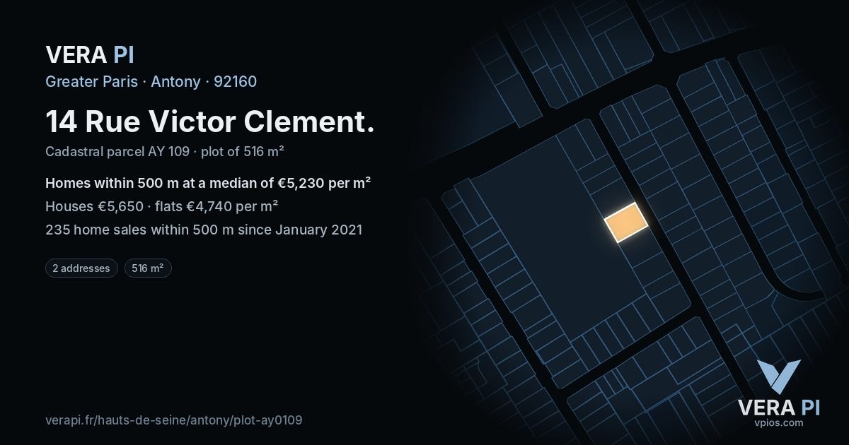 14 Rue Victor Clement, Antony at night – the plot lit, the parcels around coloured by the prices near them
