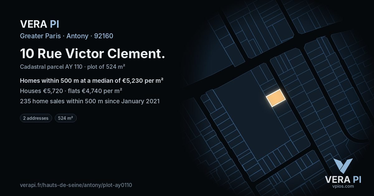 10 Rue Victor Clement, Antony at night – the plot lit, the parcels around coloured by the prices near them